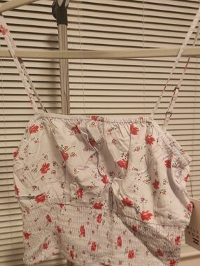 Billabong Light Blue Floral Smocked Crop Top with Red Blossoms
